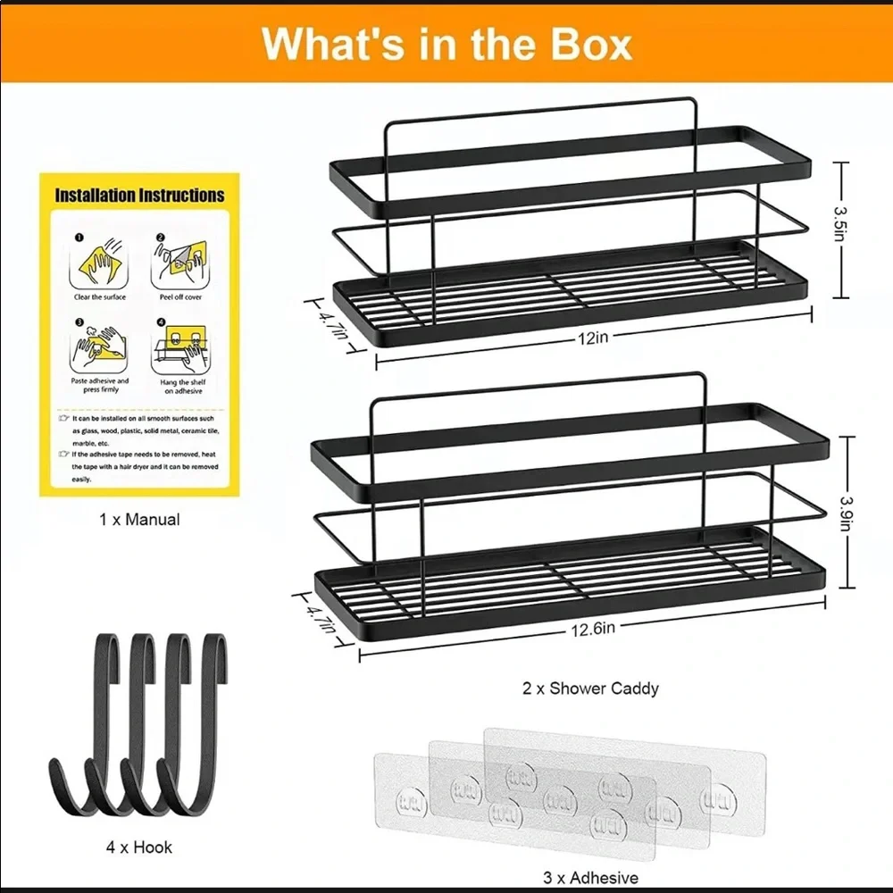 Large Shower Caddy Basket Shelf, 2 Pack Bathroom Storage Organizer with 4 Hooks